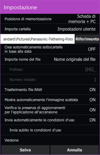 Panasonic Lumix Tether - Impostazioni