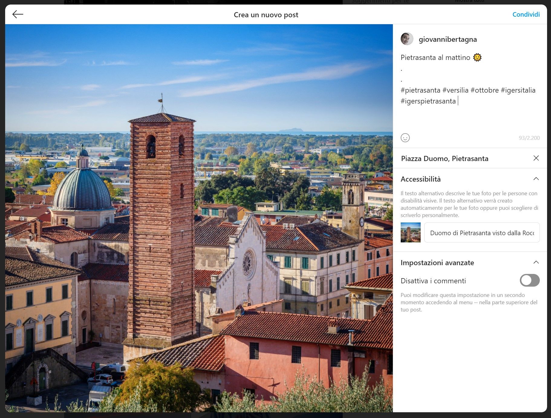 Instagram da Desktop - Crea un nuovo post