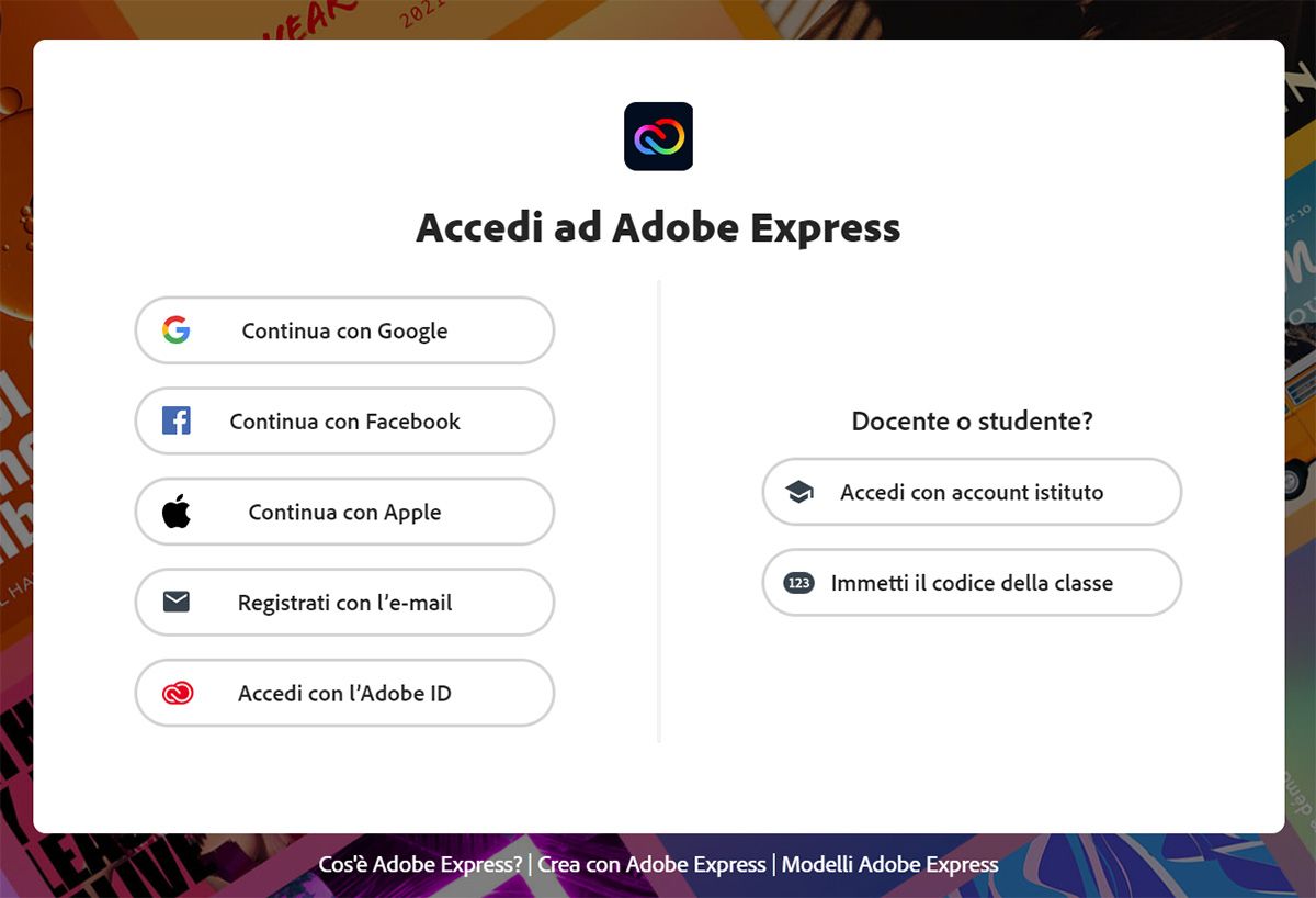 Adobe Express - Iscriversi con i profili social, ID Adobe o con l'e-mail
