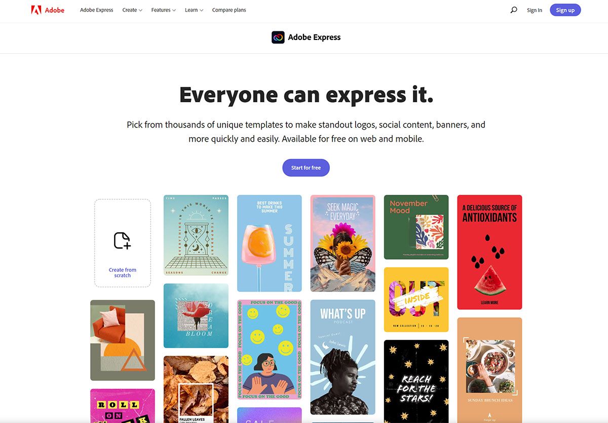 Adobe Express - Pagina iniziale dell'applicazione