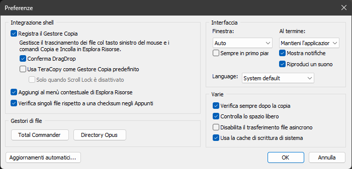 TeraCopy - Finestra delle preferenze