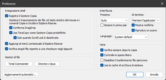 TeraCopy - Le preferenze che utilizzo