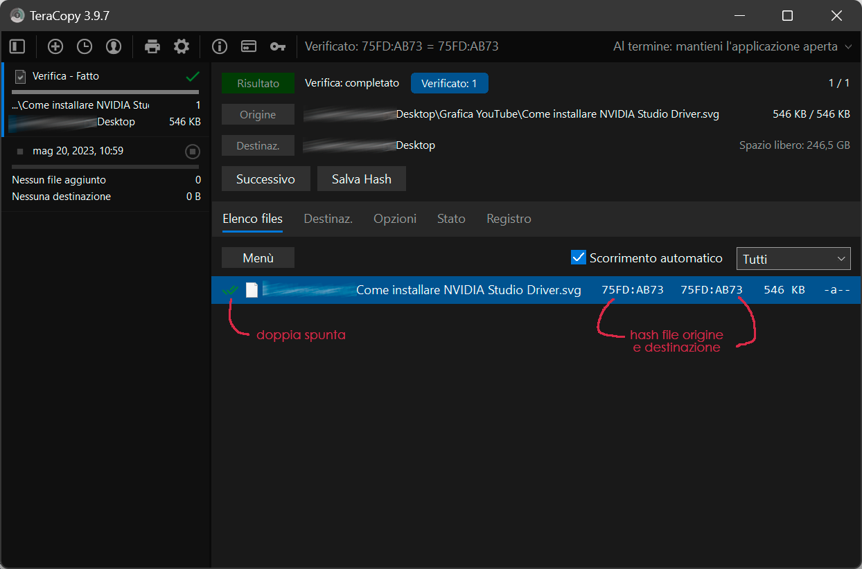 TeraCopy - Risultato della copia