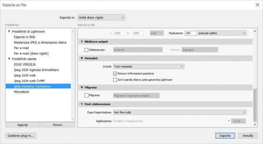 Adobe Lightroom – Finestra Esporta un file