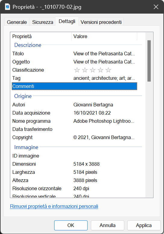 Proprietà/Dettagli – Inserimento Metadati