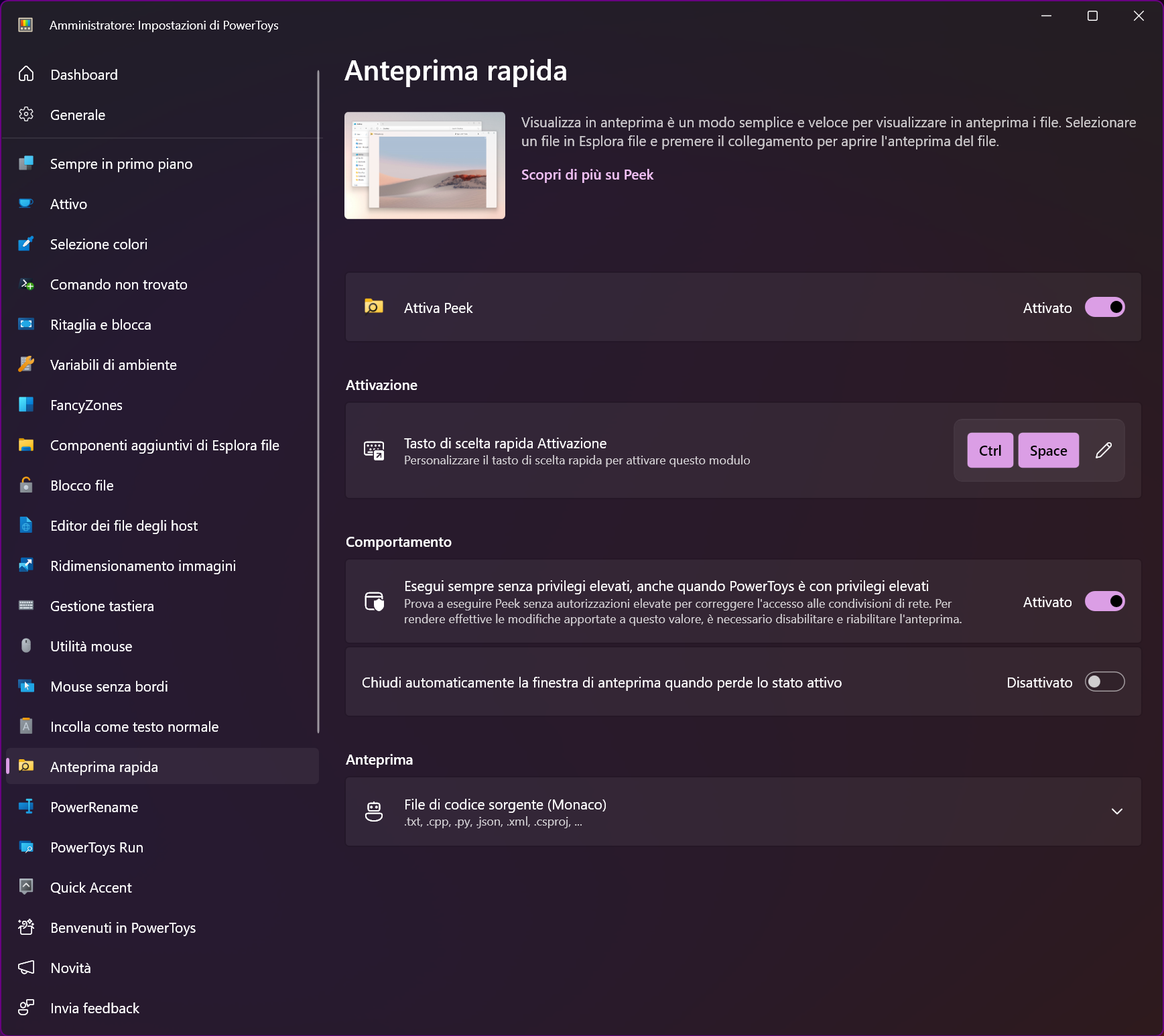 PowerToys - Impostazioni di Anteprima Rapida