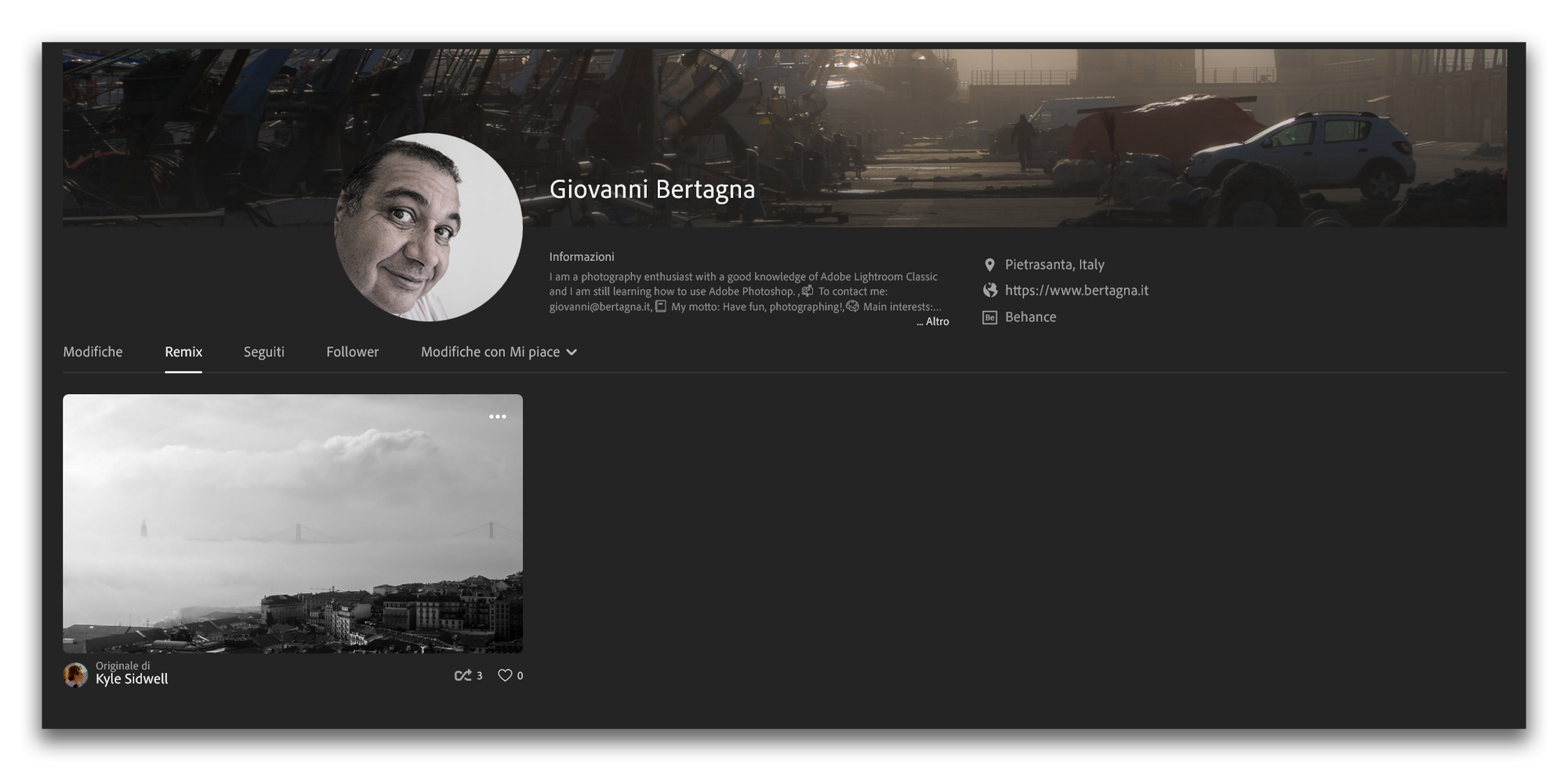 Lightroom, la finestra IL MIO PROFILO in cui si può vedere i nostri contenuti quali le nostre foto pubblicate, foto di altri utenti che abbiamo post-prodotto, gli utenti che seguiamo e che ci seguono e i mi piace