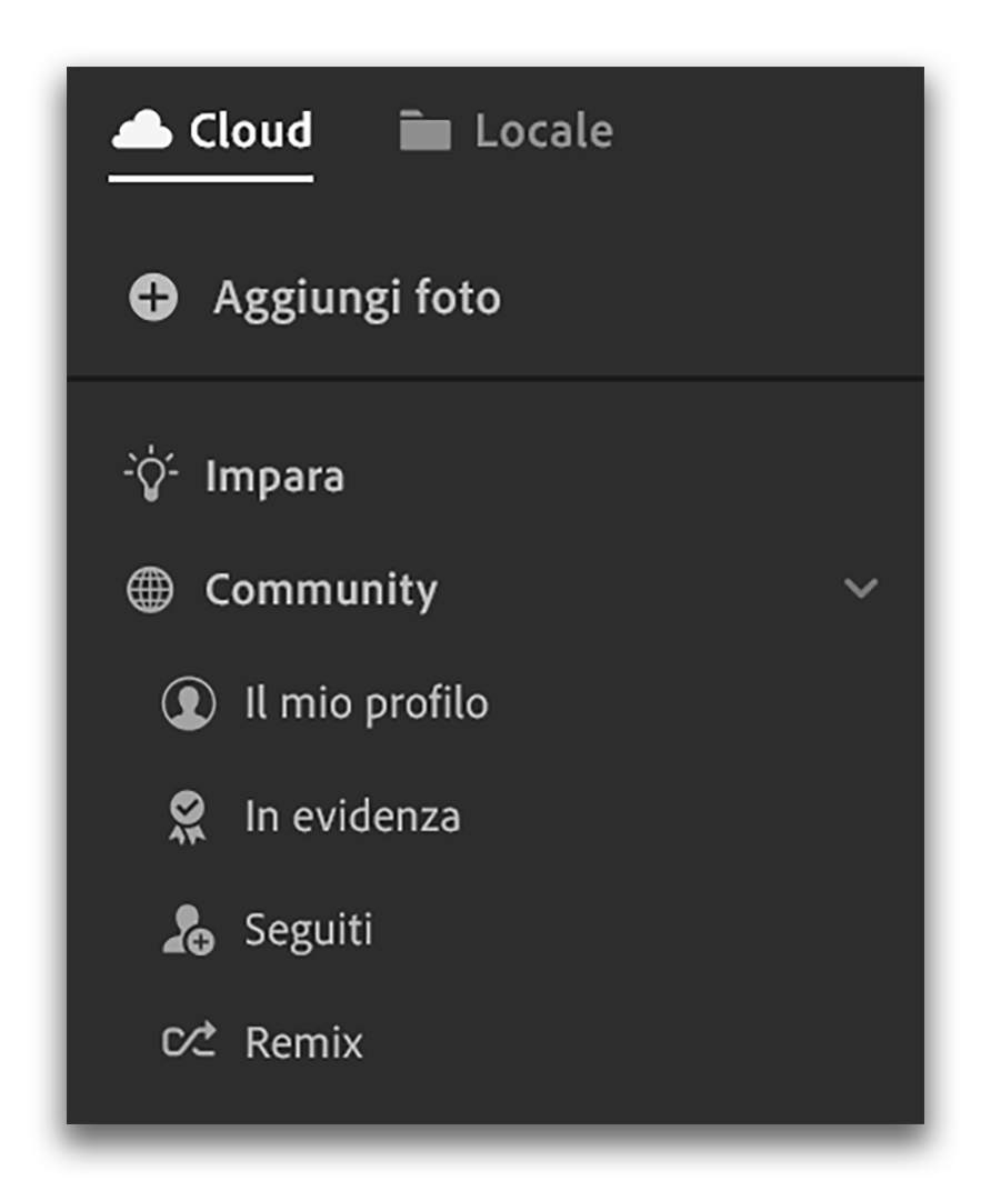 La sezione Community, e le sotto voci, dell'applicazione di fotoritocco Adobe Lightroom
