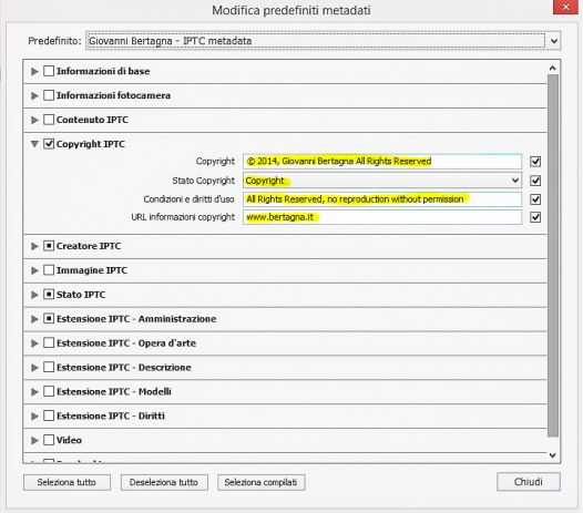 Modifica predefiniti metadati - Adobe Lightroom - Copyright ITPC