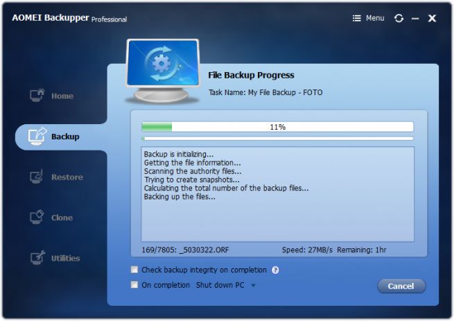 aomei backupper professional - file backup progress