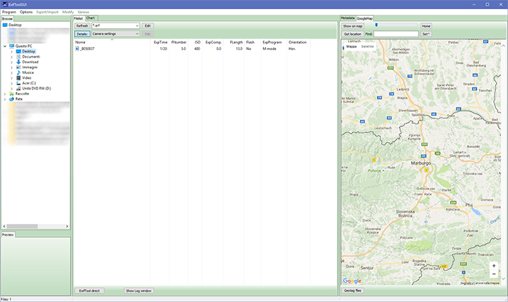 ExifToolGUI - interfaccia Googlemap