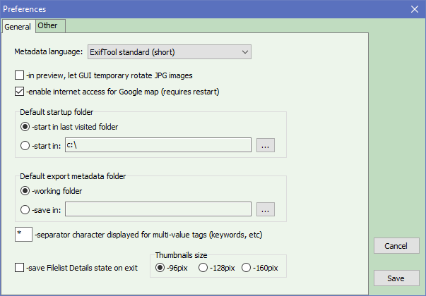 ExifToolGUI - preferences