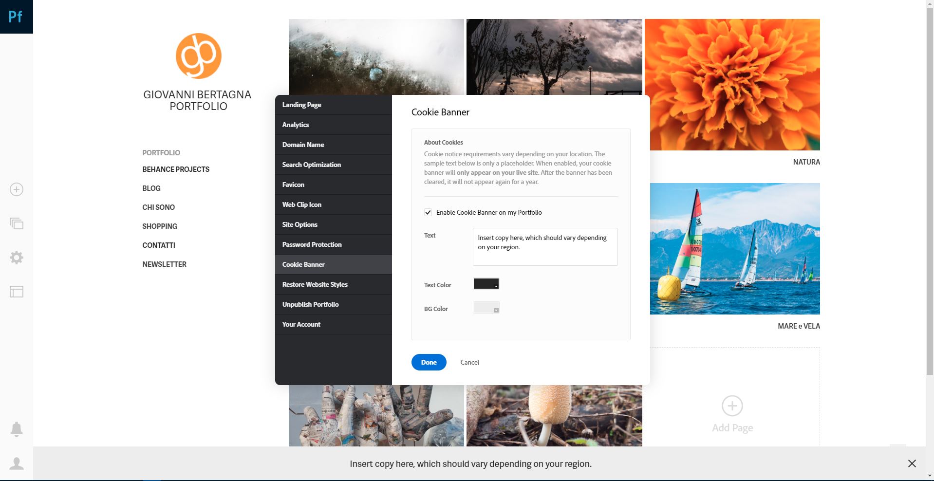Adobe Portfolio – Come impostare il banner Cookie