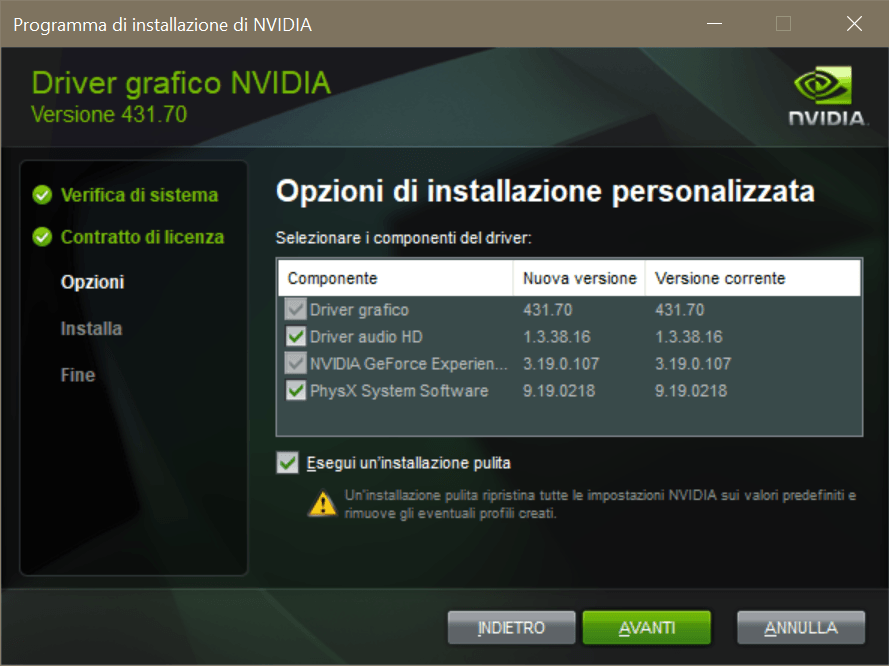 Programma di installazione driver grafico NVIDIA - Opzioni installazione personalizzata