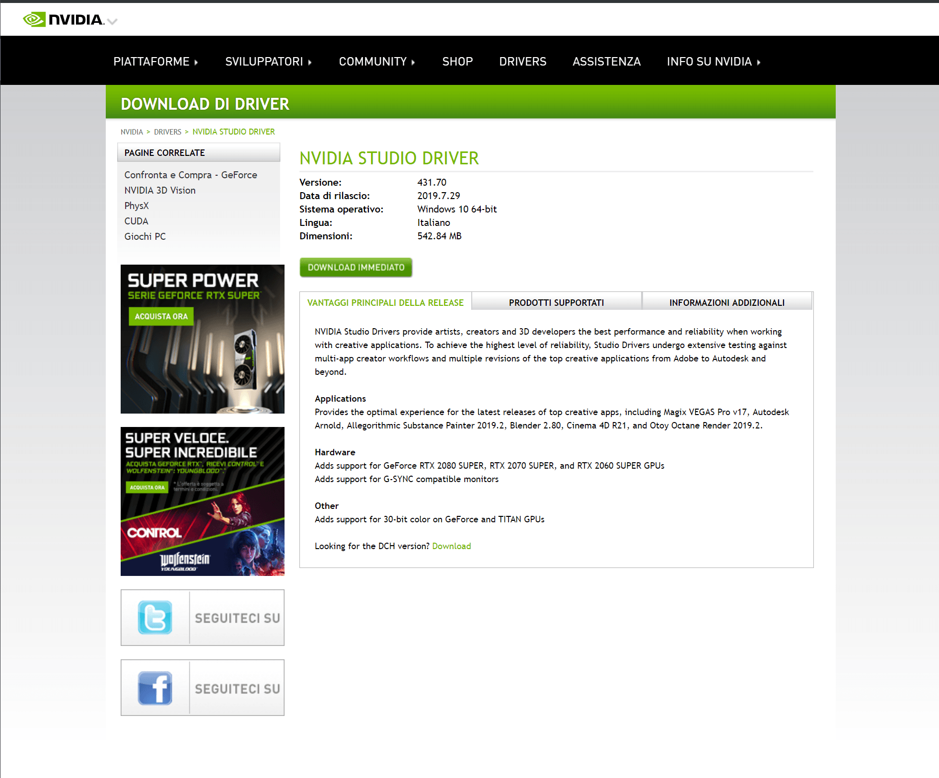 Pagina di download dei driver - Tratto dal sito web nvidia.com