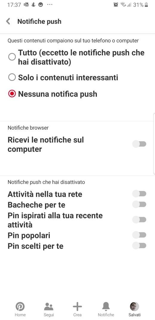 Pinterest impostazioni notifiche push