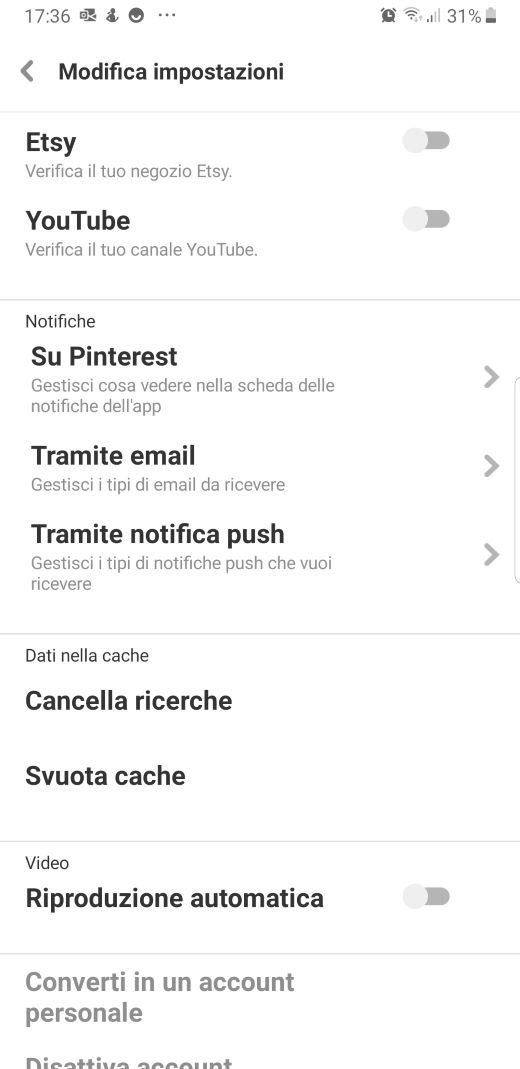 Pinterest impostazioni notifiche