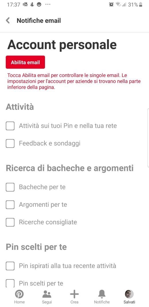 Pinterest notifiche email