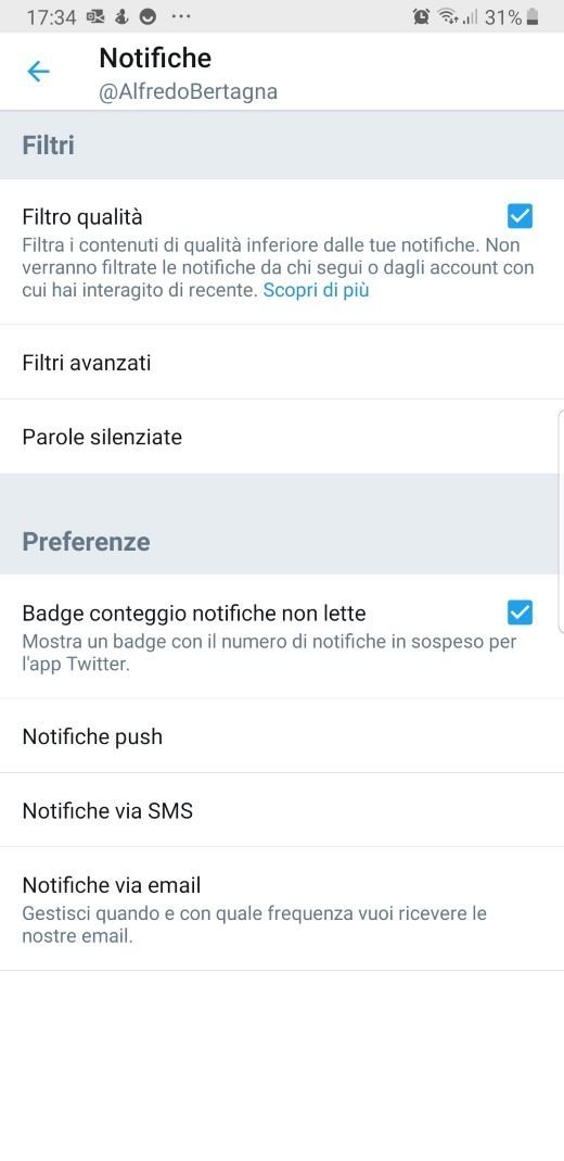 Twitter impostazioni notifiche