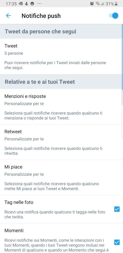 Twitter impostazioni push