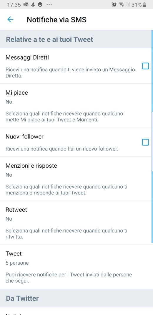 Twitter notifiche SMS