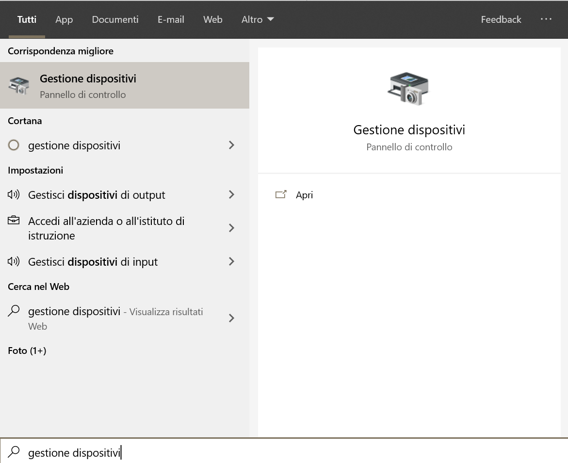 Start di Windows 10 - Ricerca "gestione dispositivi"