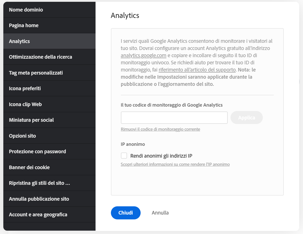 Adobe Portfolio - Impostazioni Analytics
