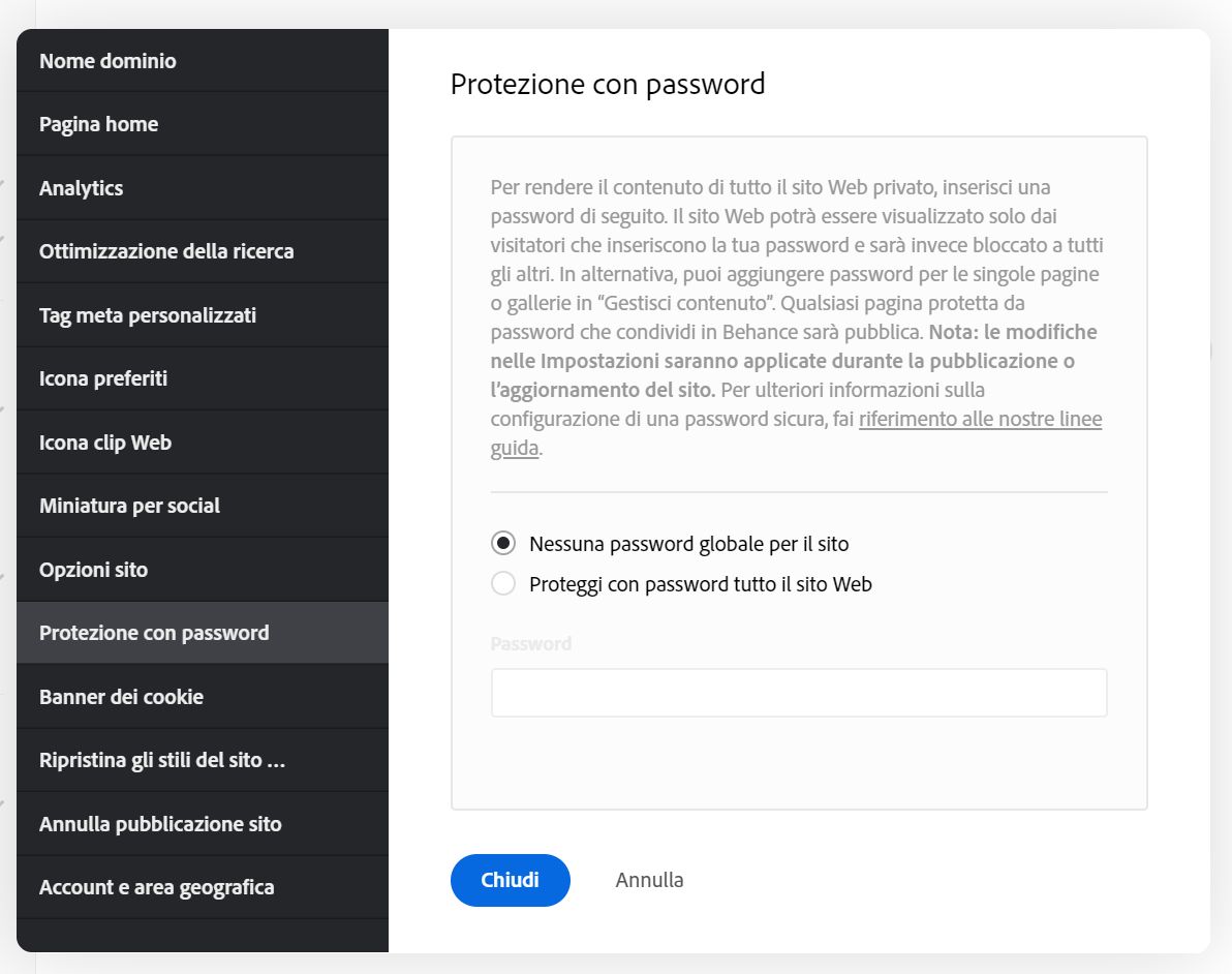 Adobe Portfolio - Impostazioni password