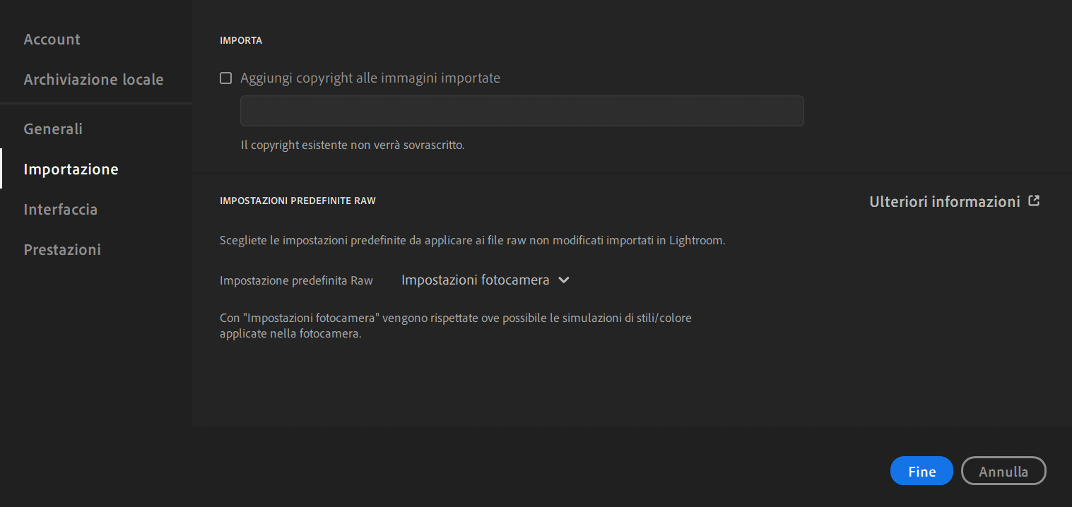 Importare i file Raw - Lightroom CC - Preferenze