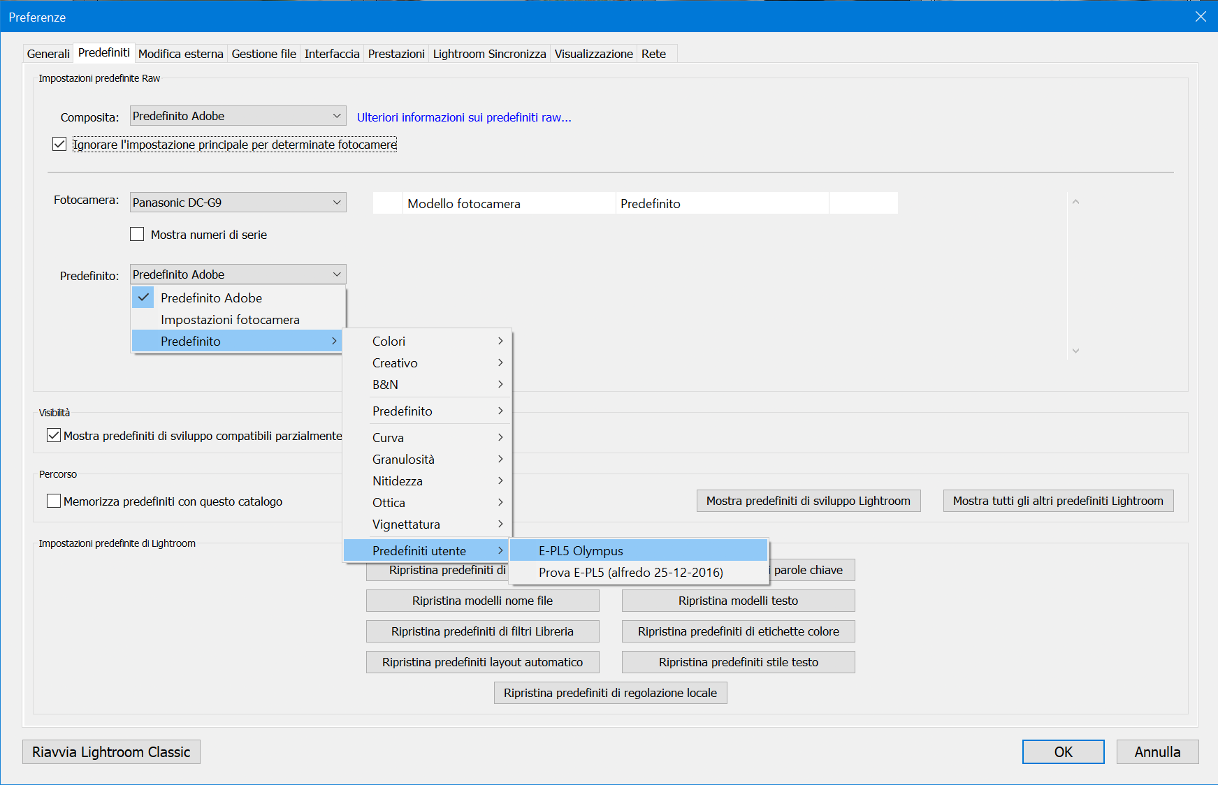 Importare i file Raw Lightroom Classic - Preferenze - Predefiniti Utente