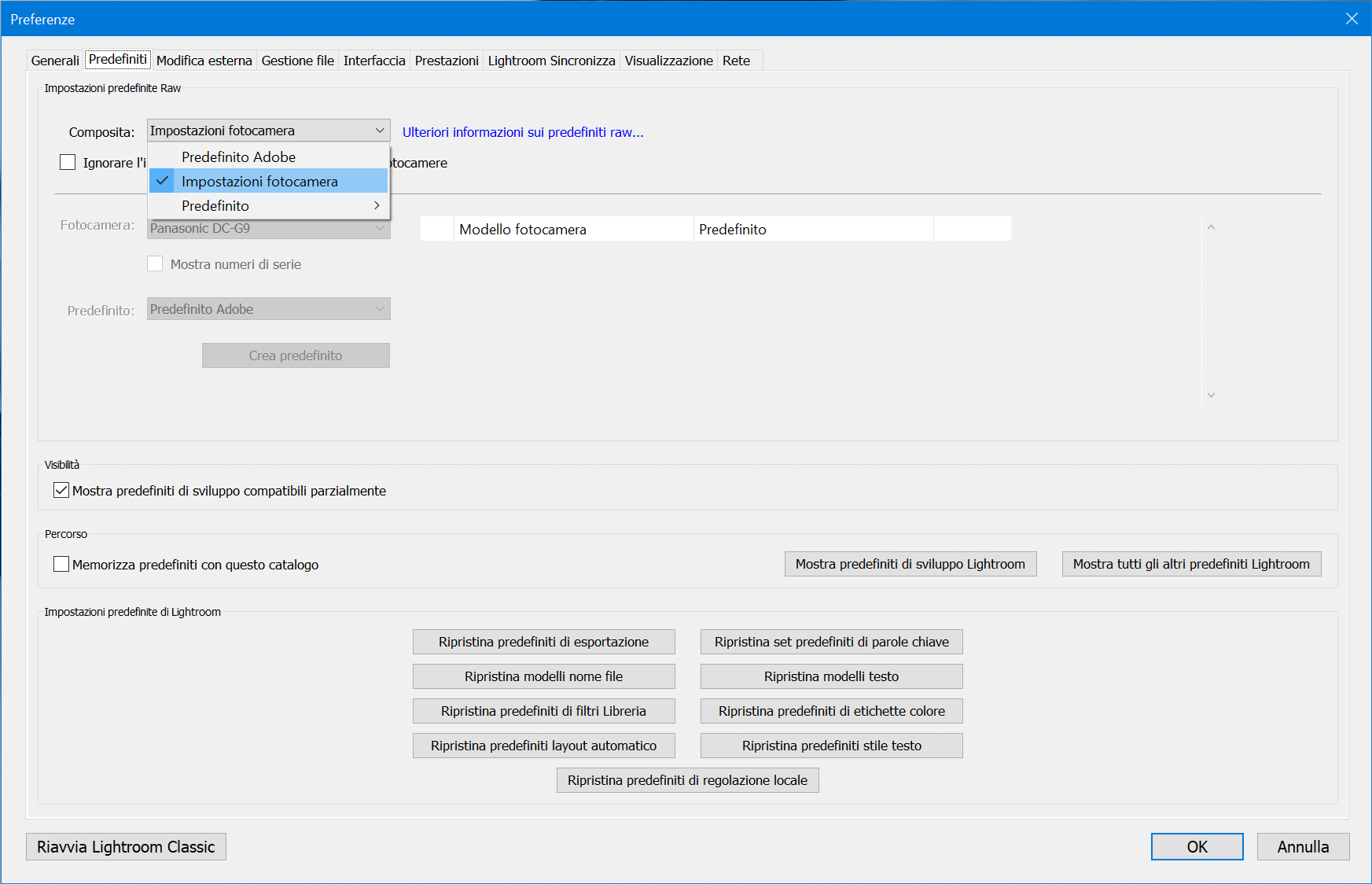 Importare i file Raw - Lightroom-Classic-Preferenze - Impostazioni fotocamera