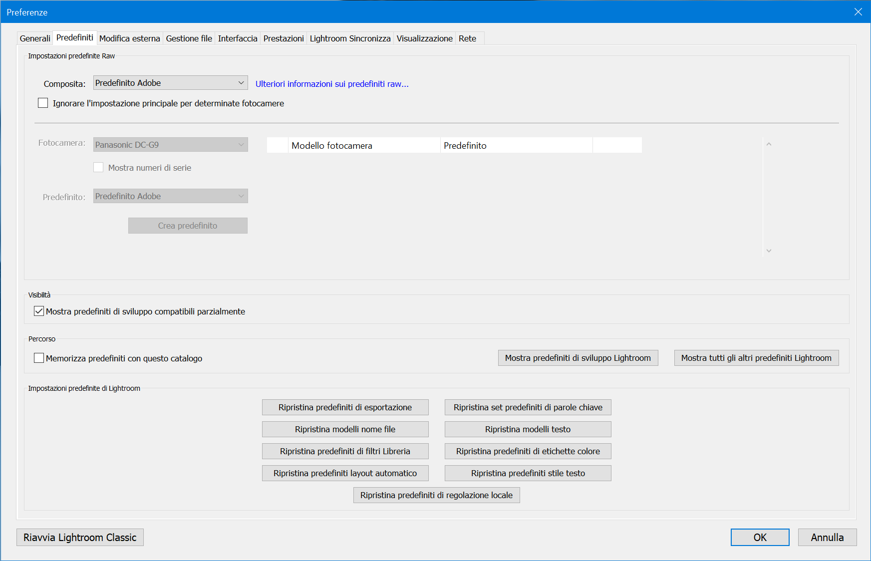 Lightroom Classic - Preferenze - Predefiniti - Impostazioni predefinite Raw